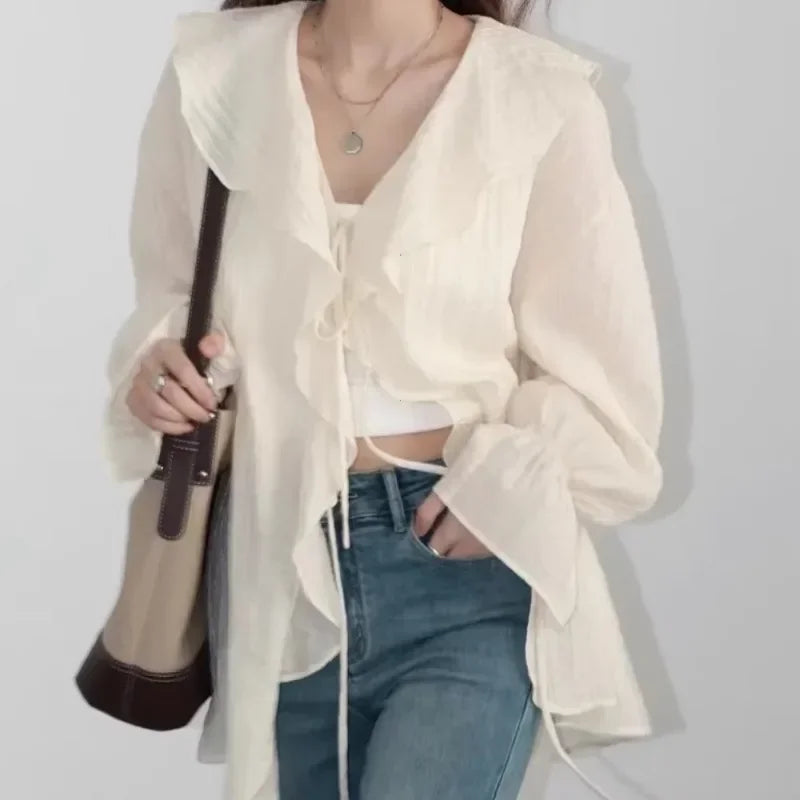 Women Shirt Loose Casual Ruffled Edges Female Blouses V Neck Lace Up Mid Length Woman Shirts Spring Summer 2024